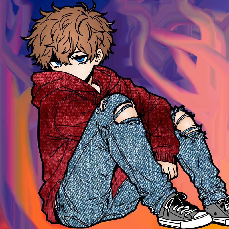 a male hoddie ripped jeans messy hair anime