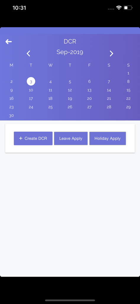 DCR 생성 휴가 신청 및 공휴일 신청 옵션이 있는 Salestrip SFA 일일 방문 보고서 캘린더 인터페이스
