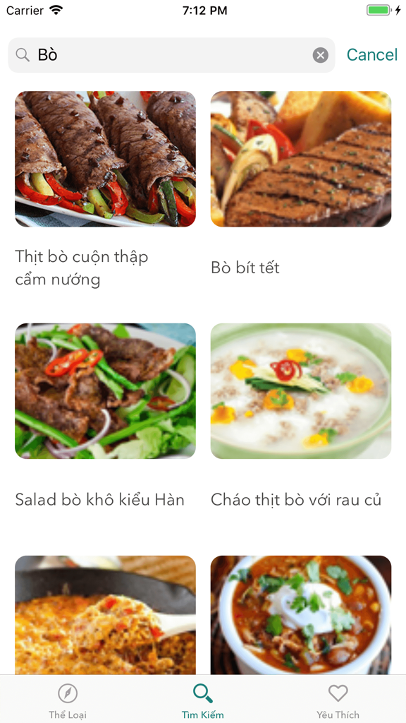 牛肉料理の結果が写真とベトナム語のタイトルで表示されるアプリ検索インターフェース。