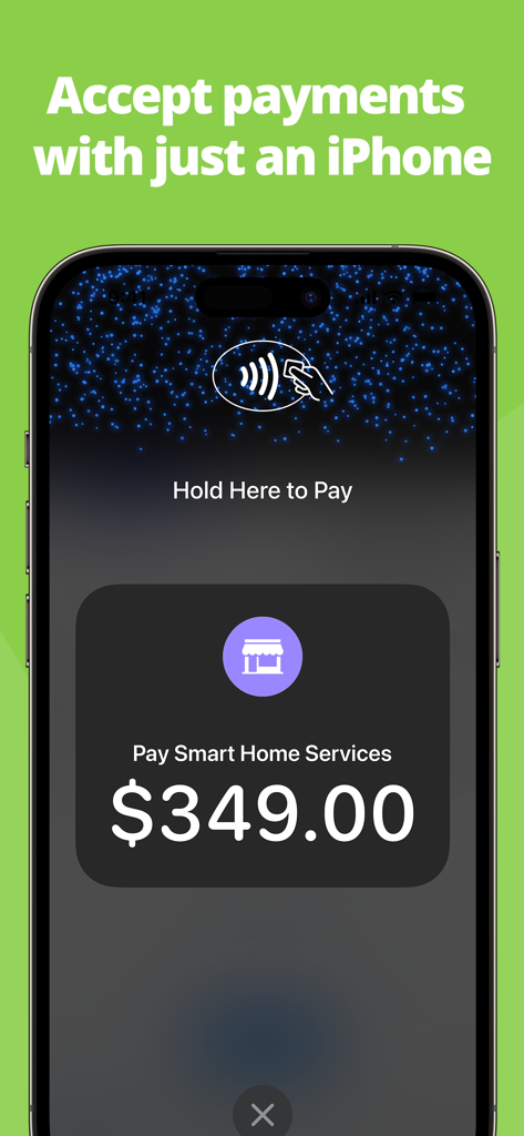An iPhone screen displaying the Tap to Pay feature in the ServiceM8 app for a three hundred forty-nine dollar payment