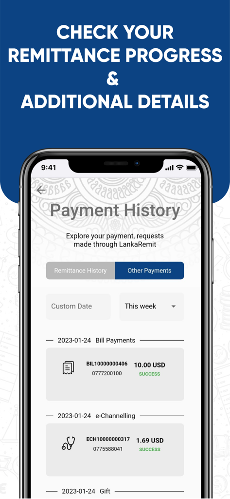 LankaRemit - Tela do aplicativo LankaRemit mostrando o histórico de pagamentos de contas de serviços públicos e consultas de agendamento médico.