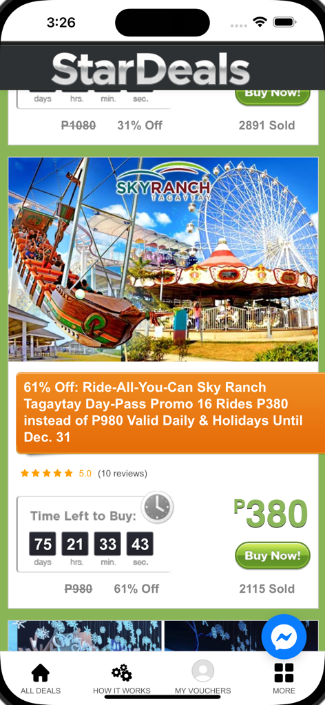 Mobile screenshot of the StarDeals app showing a discount for Sky Ranch Tagaytay amusement park
