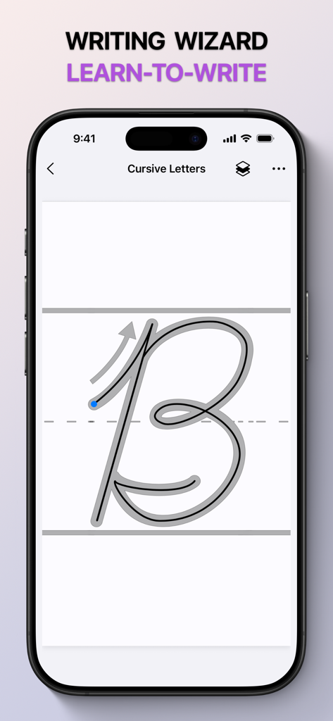 Cursively Handwriting Practice - Handwriting practice screen showing a large cursive letter B with tracing guides