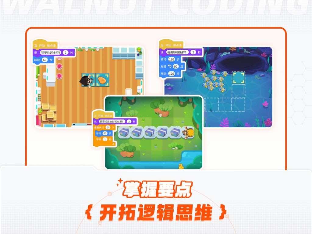 Gamified interface of Walnut Programming showing block-based coding levels designed to build logical thinking in children.