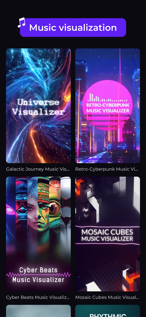 Tela do aplicativo Renderforest mostrando vários modelos de visualização de música, como temas retrô-cyberpunk e galácticos