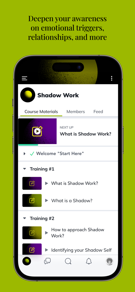 My Shadow World - My Shadow Worldアプリのスマートフォン。シャドウワークトレーニングモジュールと感情認識コースが表示されています。