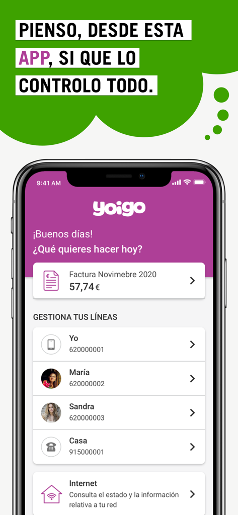 Mi Yoigo - Panel de control de la app Mi Yoigo en iPhone mostrando detalles de facturación y varias líneas telefónicas gestionadas