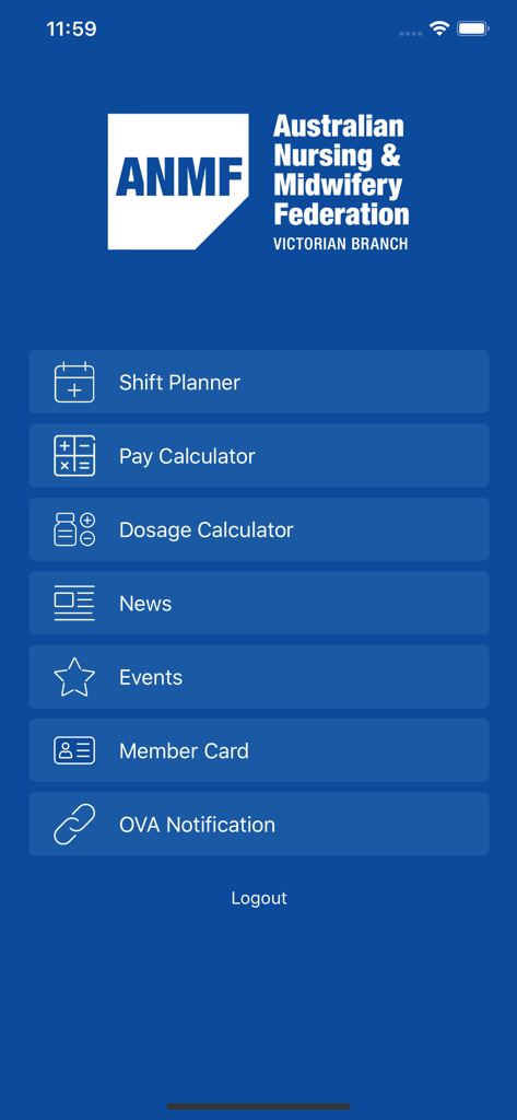 Main menu of the ANMF Diary App showing tools like Shift Planner and Pay Calculator for nurses