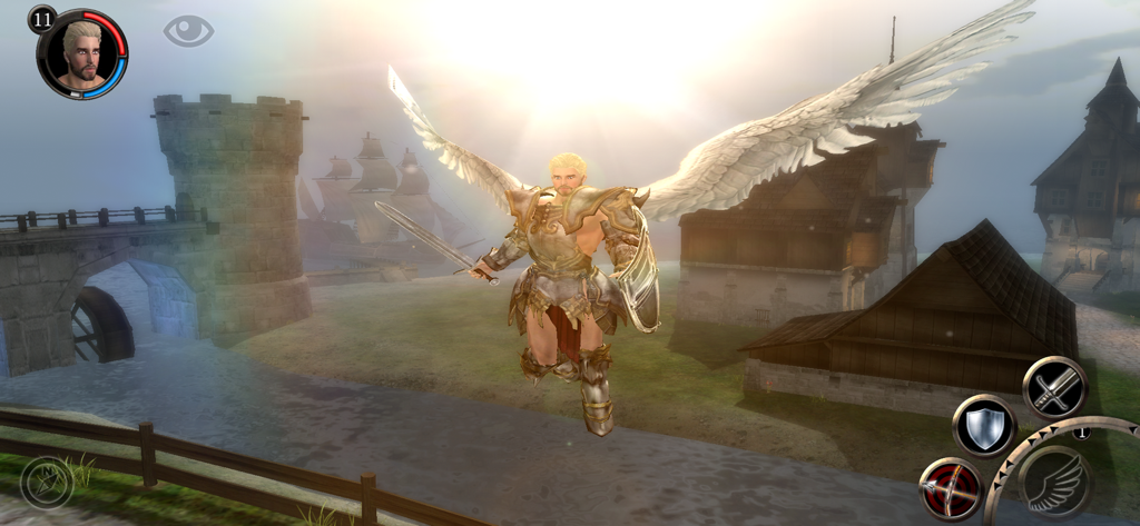 Angel Sword: 3D RPG - A warrior with large angel wings flying over a 3D medieval town in the Angel Sword 3D RPG game.