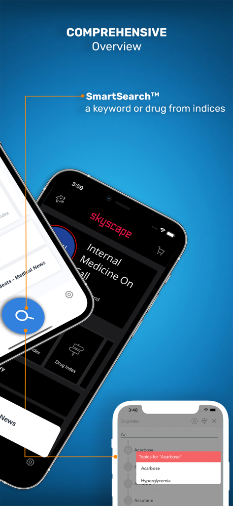 Internal Medicine On Call app interface showing SmartSearch functionality and drug index for medical professionals