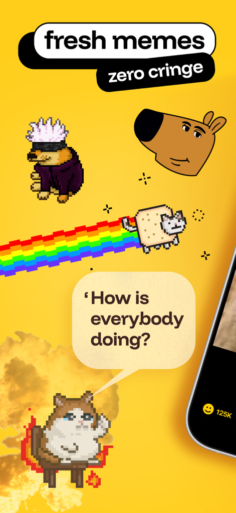Uno schermo giallo con vari personaggi di meme di Internet e pixel art con il testo 'fresh memes zero cringe'.