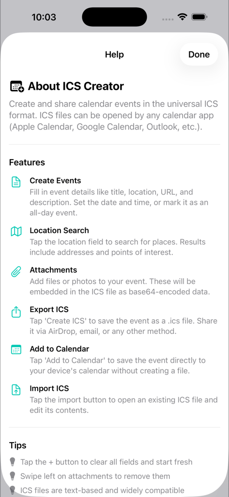 A help screen listing features of the ICS Creator app such as creating events and location search.