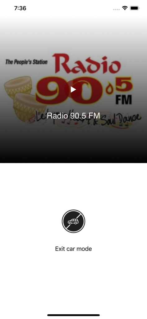Aplicación móvil Radio 90.5 FM mostrando la pantalla de salida del modo coche