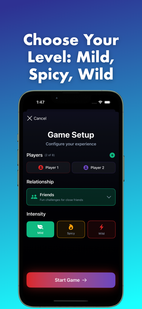 Truth or Dare Adults Only - Truth or Dare Adults Only game setup screen showing intensity levels Mild Spicy and Wild