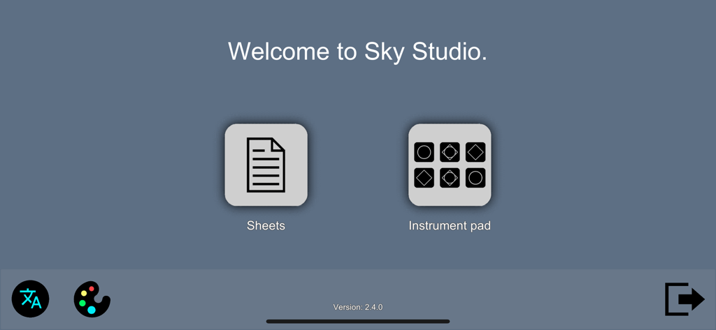 Sky Studio - Sky Studio app welcome screen showing Sheets and Instrument pad icons