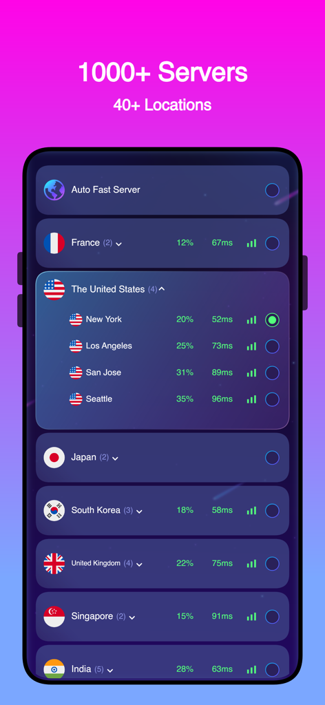 FreeGuard VPN - List of global servers in FreeGuard VPN with connection ping and load metrics