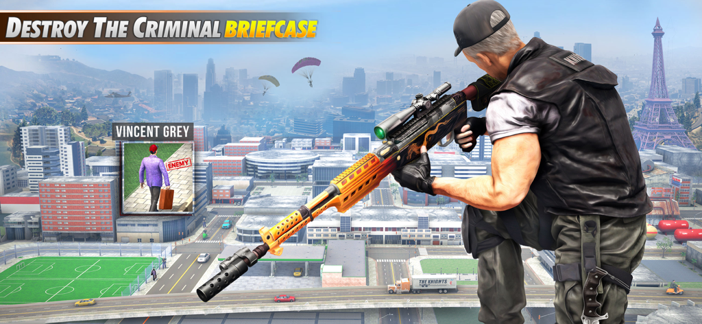 Sniper Ops: Gun Shooting Games - A sniper character aiming at a target named Vincent Grey in a city setting