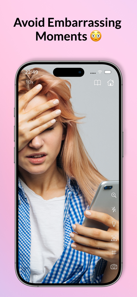 Pocket Mirror: HD Light & Zoom - Frau benutzt die Pocket Mirror App, um ihr Spiegelbild zu überprüfen und peinliche Momente zu vermeiden