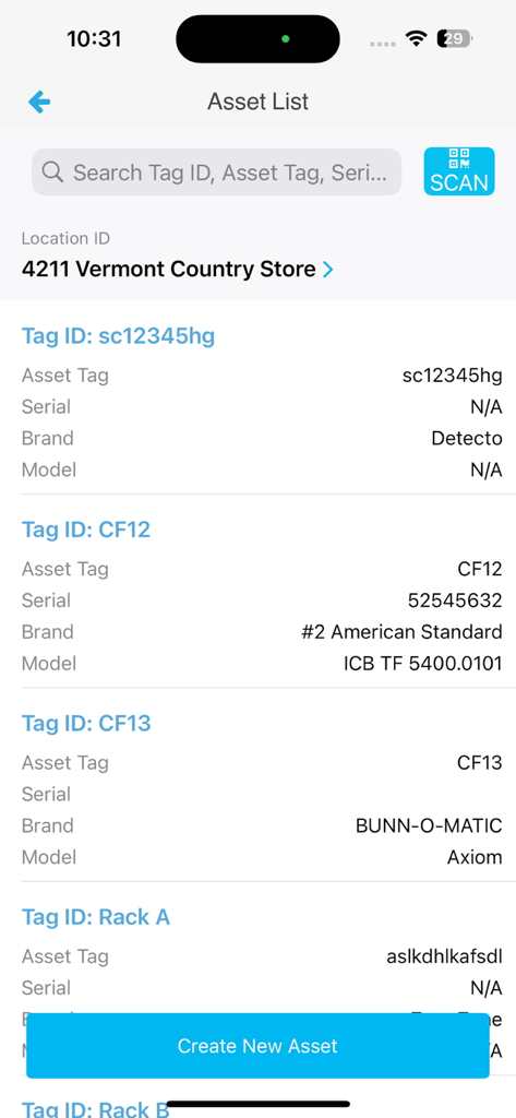 ServiceChannel - ServiceChannel mobile app interface showing a list of facility assets including tag IDs serial numbers and brands for a specific store location