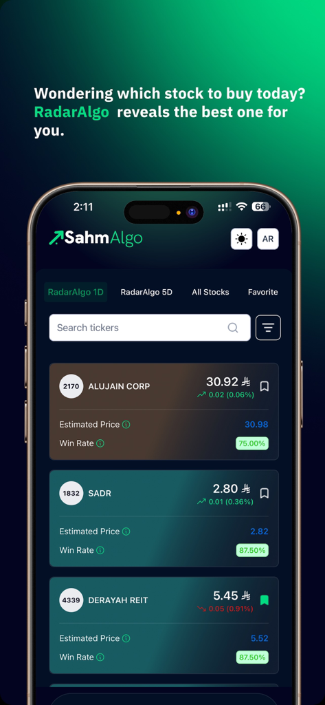 Interface de l'application mobile SahmAlgo montrant des recommandations d'actions avec des prix estimés et des taux de réussite
