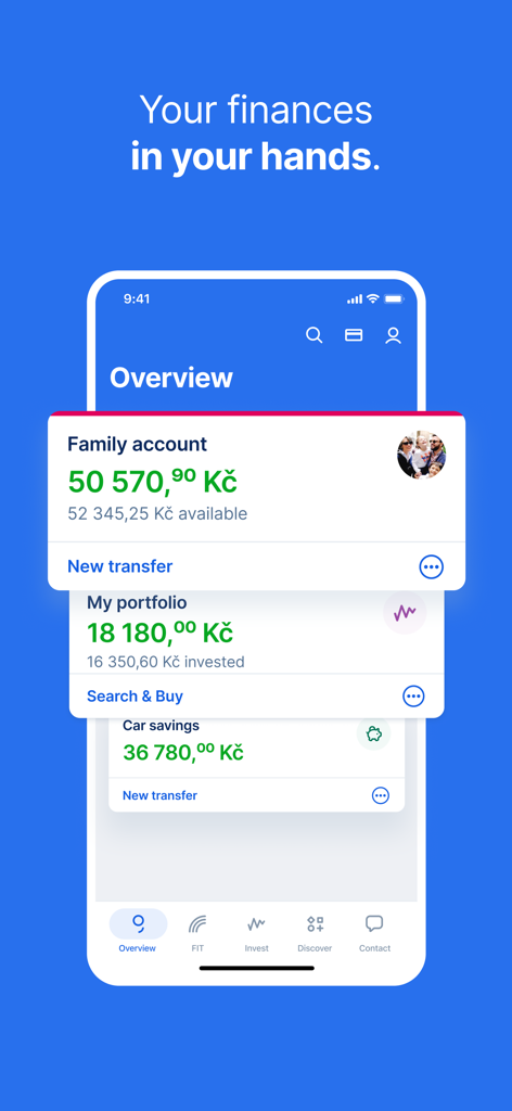 George Česko - Overview screen of George Česko app displaying family account and investment portfolio balances