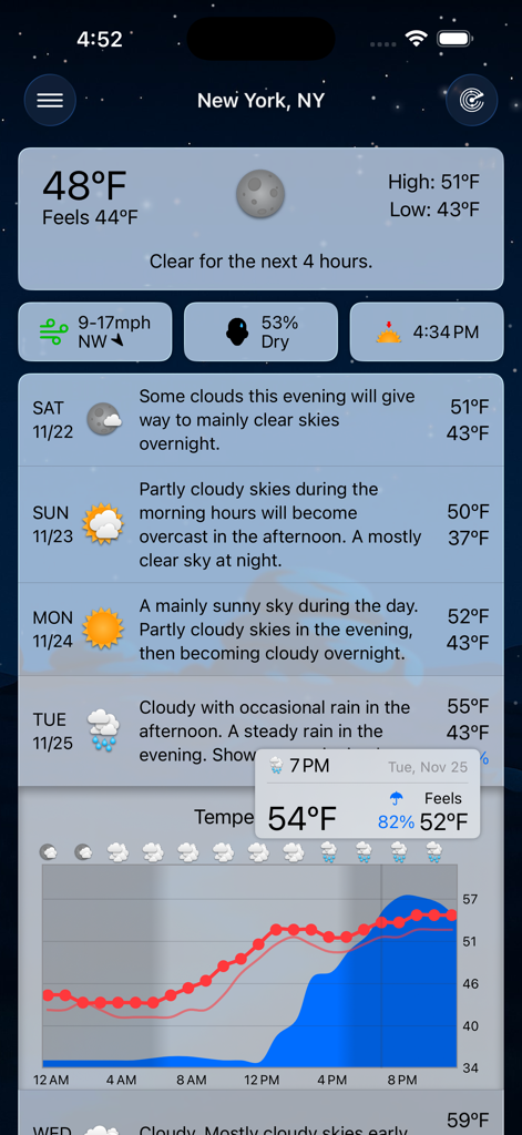 A detailed weather dashboard in the Forecast Bar app displaying New York current conditions and weekly forecast.
