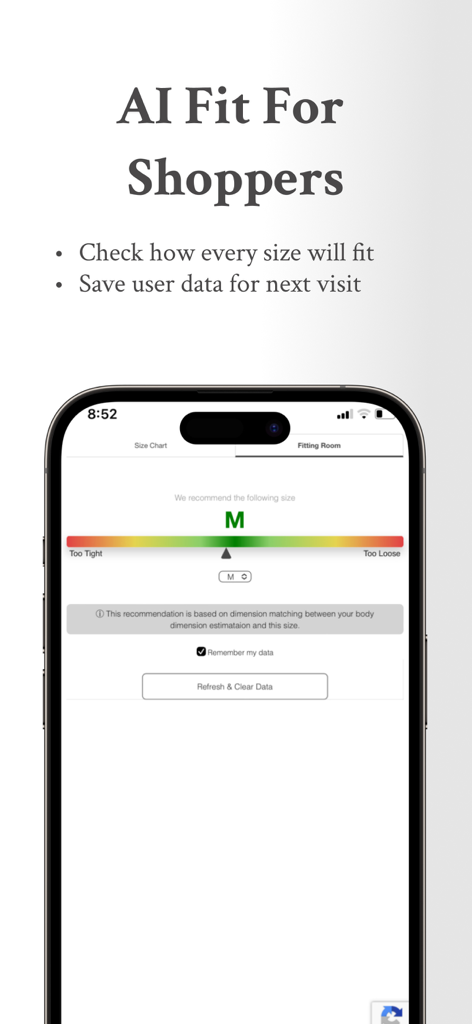 Size Guide Builder | Vestofy - Vestofy KI-Passformempfehlungsbildschirm, der die empfohlene Größe M auf einer Skala von eng bis locker anzeigt