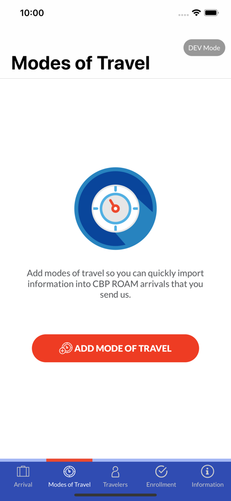 CBP ROAM app screen for adding modes of travel to expedite arrival reporting