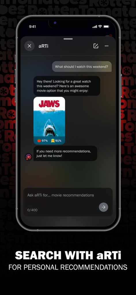 Aplicativo Rotten Tomatoes mostrando o assistente de IA aRTi fornecendo recomendações de filmes.