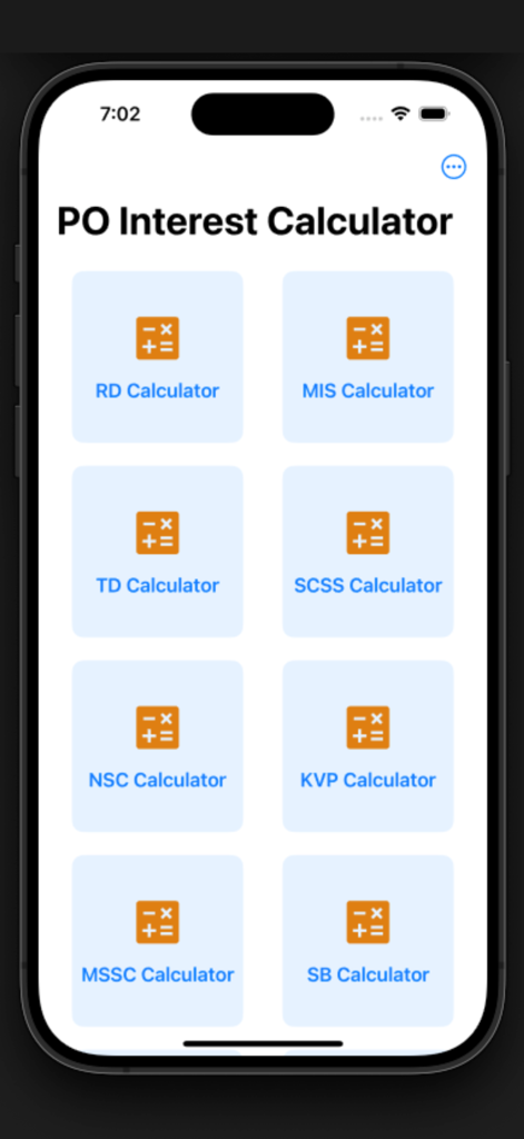 PO Interest Calculator - Main menu of the PO Interest Calculator app displaying various Indian Post Office saving scheme calculators