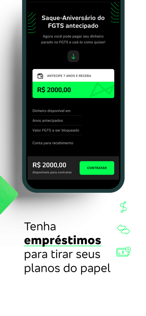 Tela do app next mostrando opções de empréstimo de antecipação do saque-aniversário do FGTS e um botão de contratar