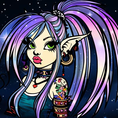 punk fairy with long ponytails and long ears human like with nose and beautiful lips and clothing