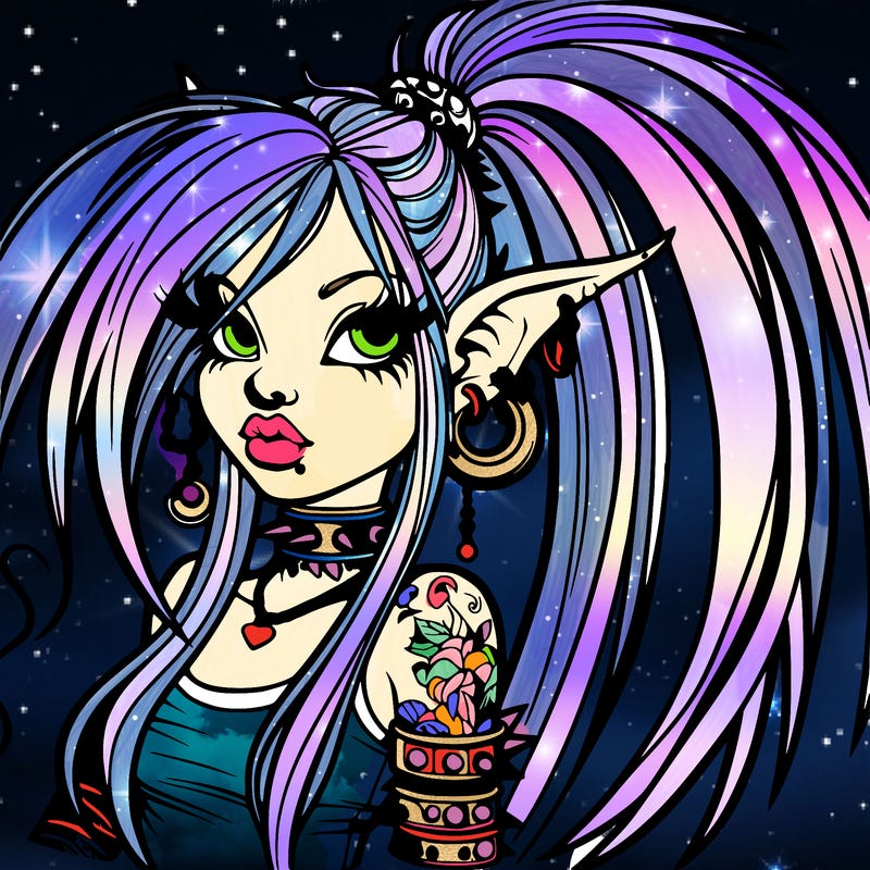 punk fairy with long ponytails and long ears human like with nose and beautiful lips and clothing