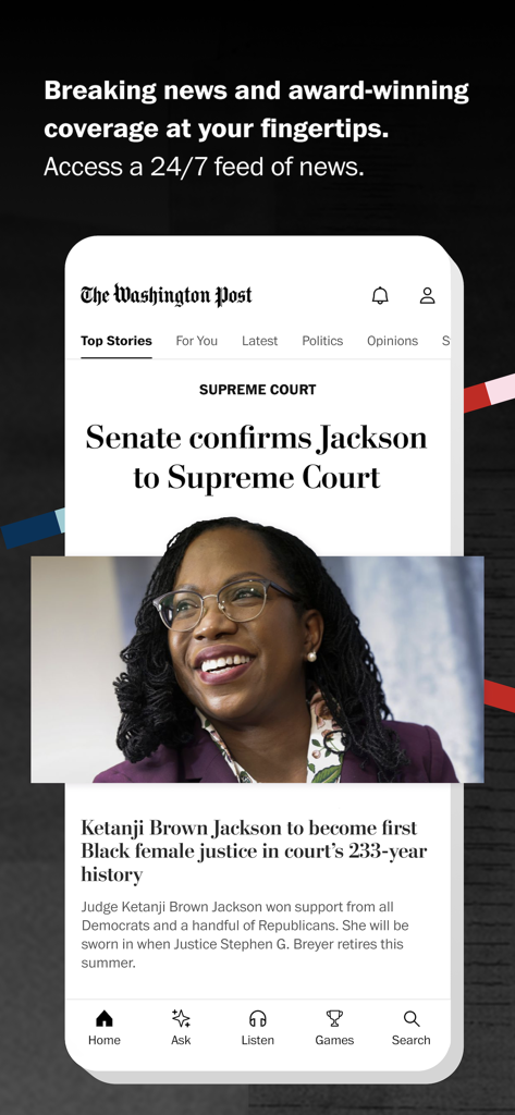 Washington Post - The Washington Post app interface displaying a top story headline about the Supreme Court confirmation of Ketanji Brown Jackson.