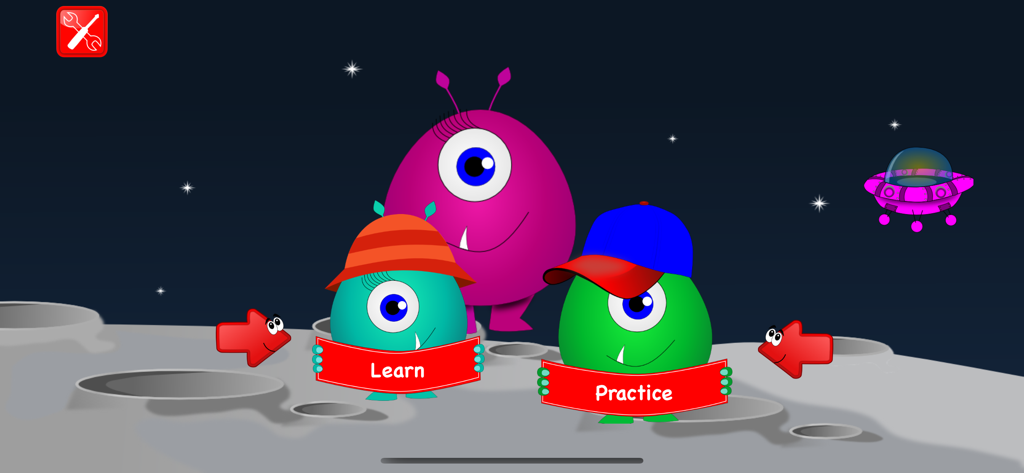 Main menu of a kids color learning app with monsters on a moon landscape