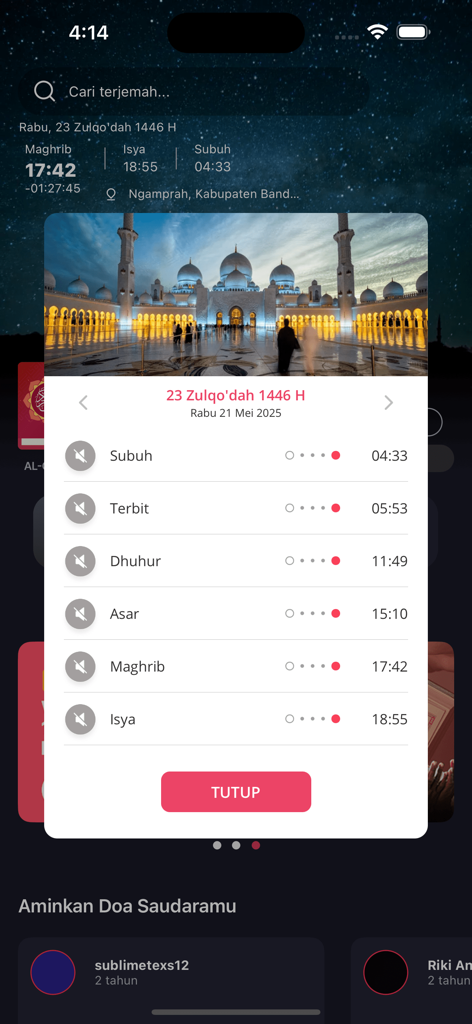 Quran Best Indonesia - A prayer times schedule pop-up in the Quran Best Indonesia app showing daily prayer times with a mosque background