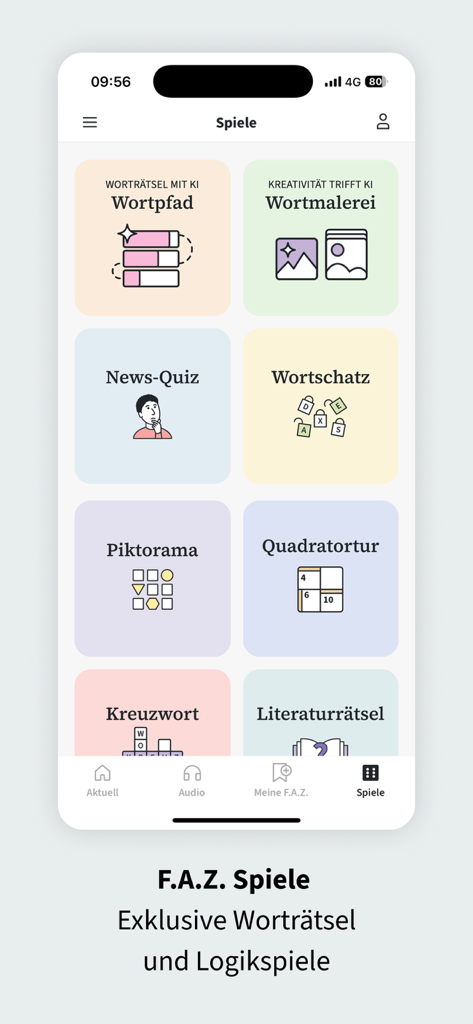 F.A.Z. - Nachrichten - Interfaz de la aplicación de noticias F.A.Z. que muestra juegos de palabras y lógica exclusivos.