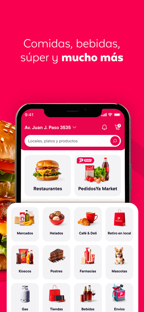 PedidosYa - Food Delivery - Interfaz de la app móvil PedidosYa que muestra varias categorías de entrega, incluyendo restaurantes, mercados y farmacias