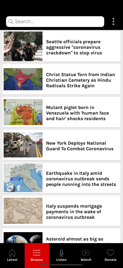End Time Headlines - Browse screen of the End Time Headlines mobile app showing a list of news articles