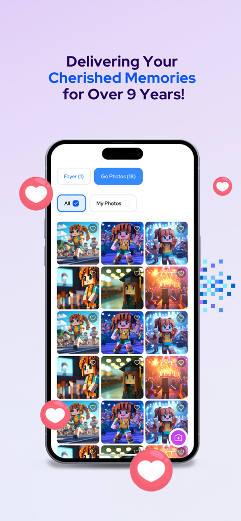 Photier - Photier app gallery interface on an iPhone displaying event photos and the tagline Delivering Your Cherished Memories.
