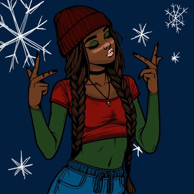 realistic teenage girl with braids and a beanie and crop top doing 🫶🏼