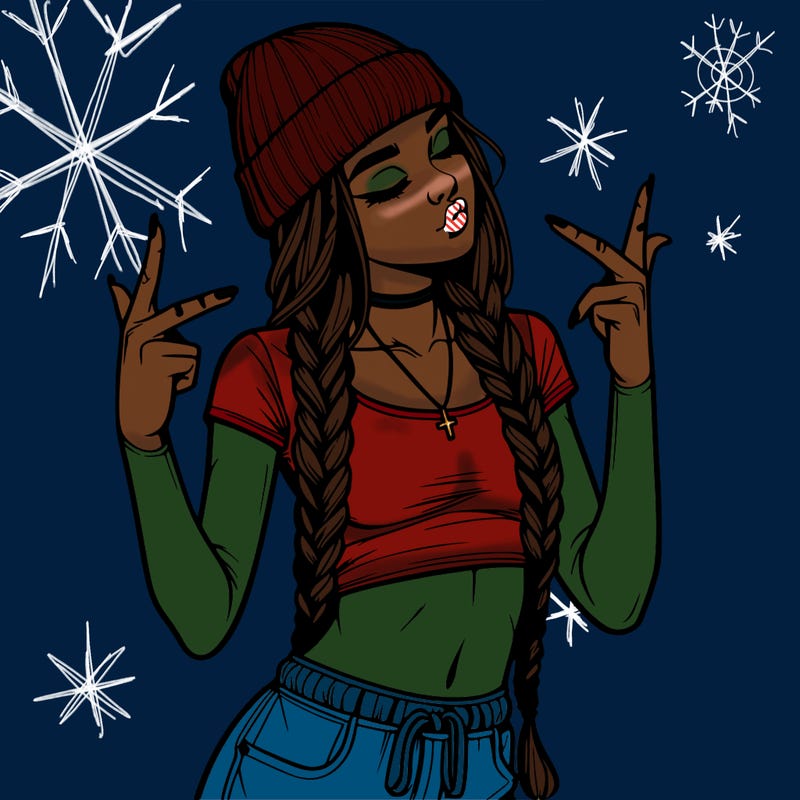realistic teenage girl with braids and a beanie and crop top doing 🫶🏼
