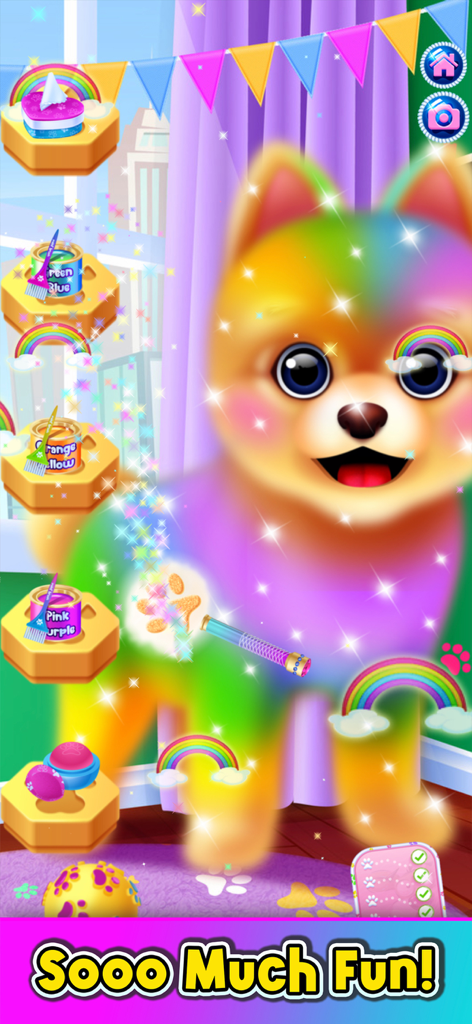 Pet Games: Rainbow Unicorn - Um filhote colorido arco-íris brilhante sendo cuidado com uma varinha mágica em um jogo de transformação de pets