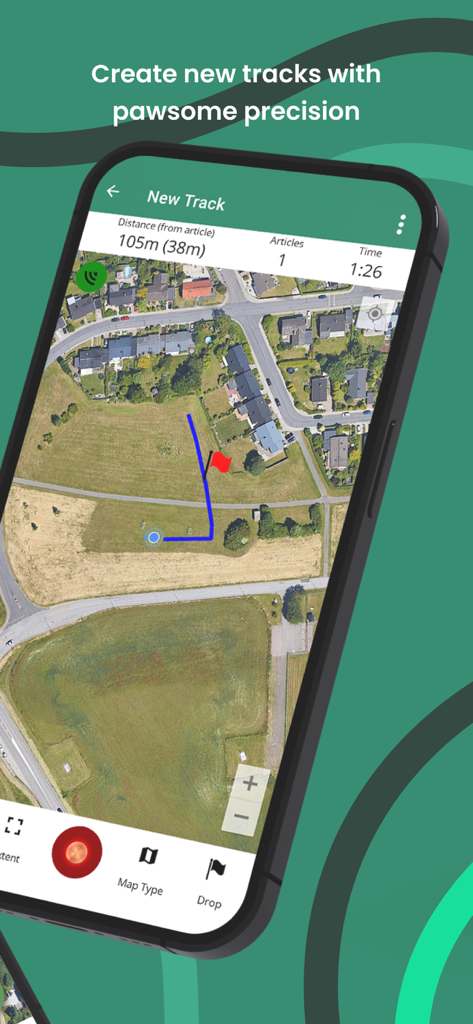 DogTrack - GPS map interface of DogTracks app displaying a training path with articles and time