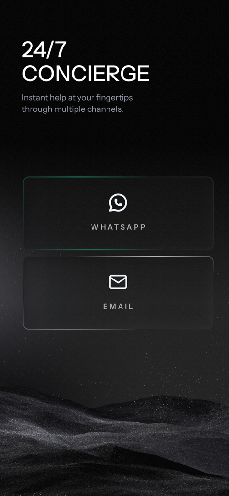 KAST Finance - Pantalla de la aplicación KAST Finance mostrando opciones de soporte de conserjería 24/7 con opciones de contacto para WhatsApp y correo electrónico.