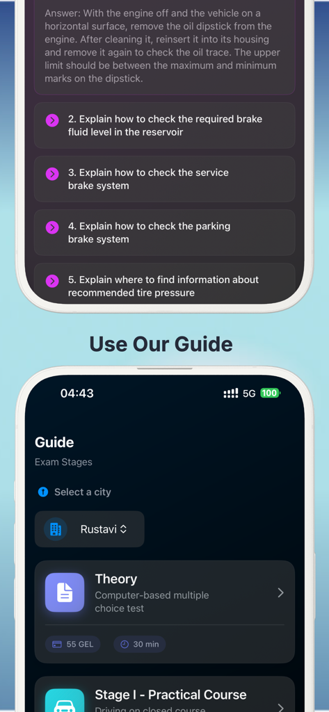 DriveX - Driver's License Exam - Interfaccia dell'app DriveX che mostra le fasi dell'esame di guida e le domande della guida alla manutenzione del veicolo