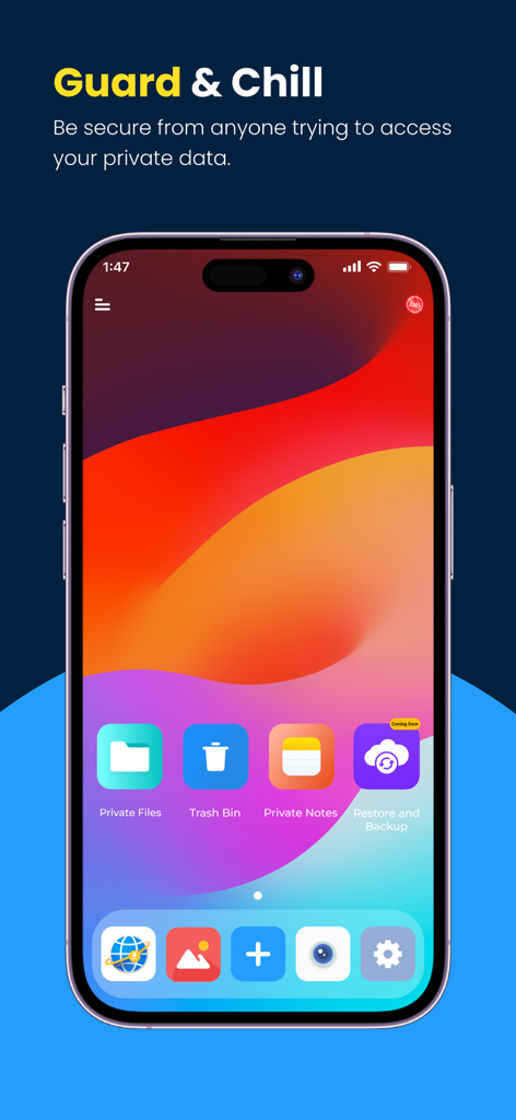 Calculator Vault - Lock Photo - Interfaz de pantalla de inicio segura de la aplicación Calculator Vault que muestra carpetas privadas y funciones de protección de datos