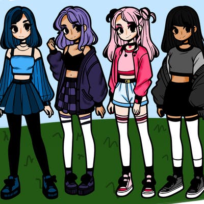 one girl with crop-top shirt and a jacket with a skirt, long socks and another girl with a shirt and pants with a jacket