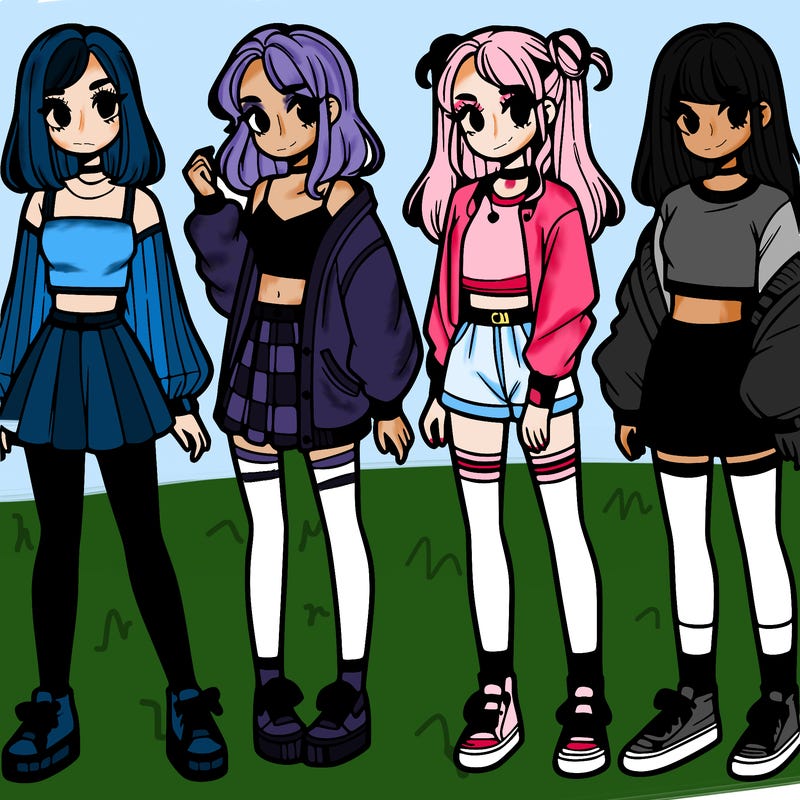 one girl with crop-top shirt and a jacket with a skirt, long socks and another girl with a shirt and pants with a jacket