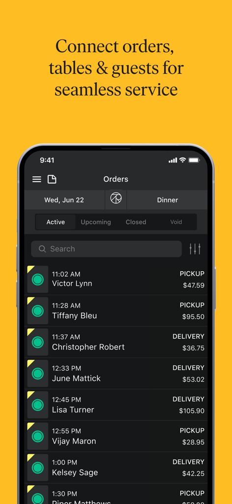 A list of restaurant pickup and delivery orders displayed on the SevenRooms OS mobile app